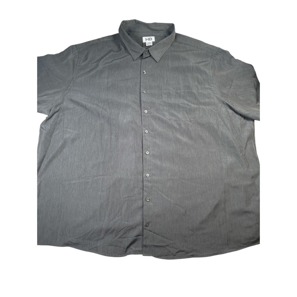 HB Men's 4XL Gray Grid‎ Button-Up Shirt Short Sleeve Polyester Comfort Fit